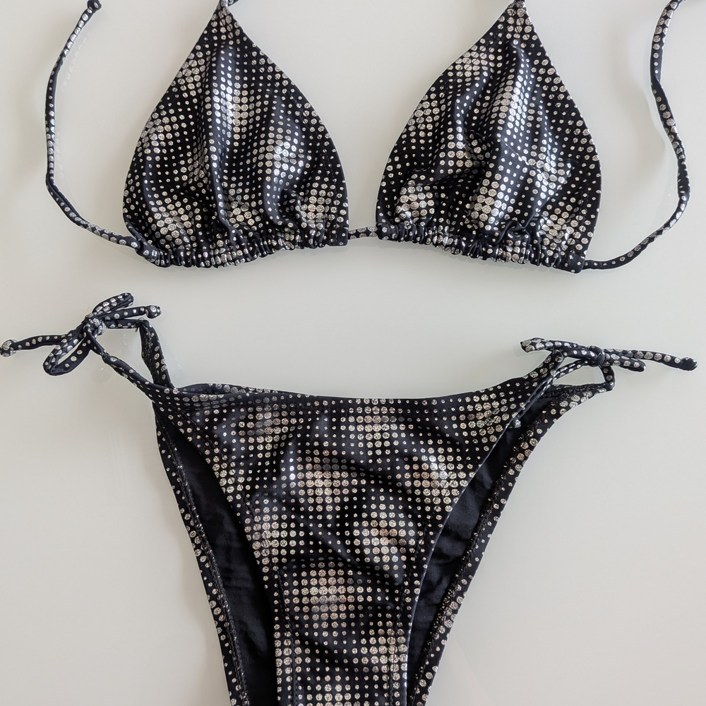 Black Metallic Dot Tie-Side Bikini - Women Swim